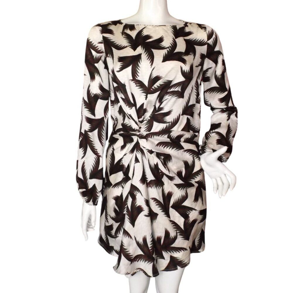 A.L.C. Mini Dress, 2, Silk, Off-white/Brown-black Feathers, Twist front,Side zip